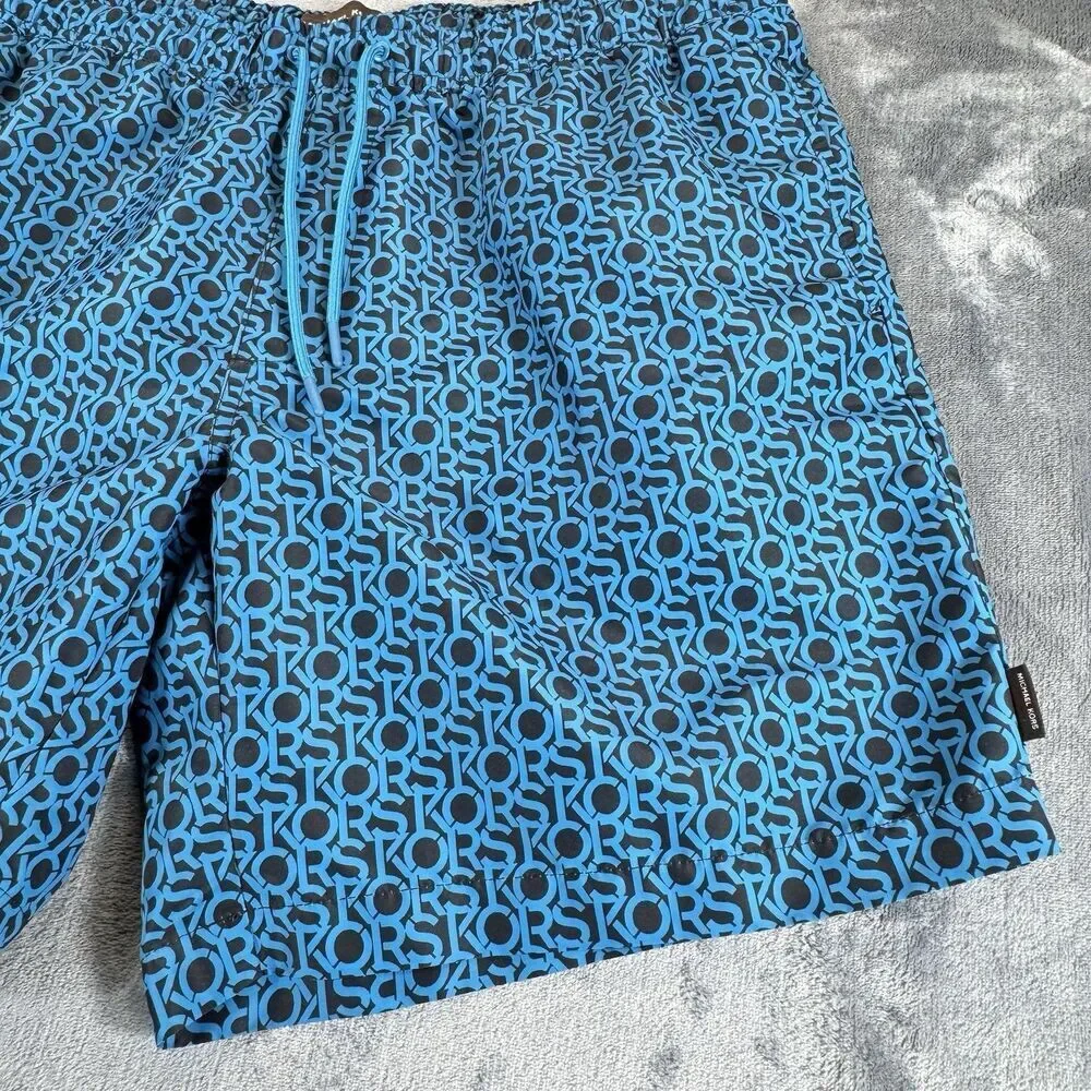 Michael Kors Sz XXL Mens Swim Shorts Allover AOP Logo Spelling BLUE Black